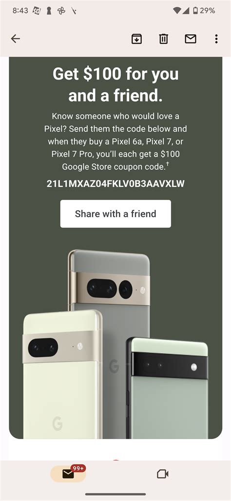 Pixel superfan code - New Pixel Superfan Code: 430Z9W28PZOZLEDP4YKKXA5 Use when you buy Pixel 7, 7 Pro, 6A. I love my Pixel and I think you would too. When you buy a Pixel 6a, Pixel 7, or Pixel 7 Pro we’ll both get a $100 Google Store coupon code.*. Just enter code 430Z9W28PZOZLEDP4YKKXA5 at checkout, valid through 6/30/2023. Click this link to …